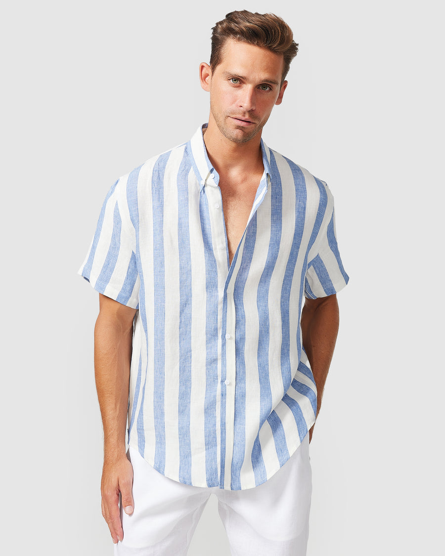S/S Linen Shirt Blue Stripe