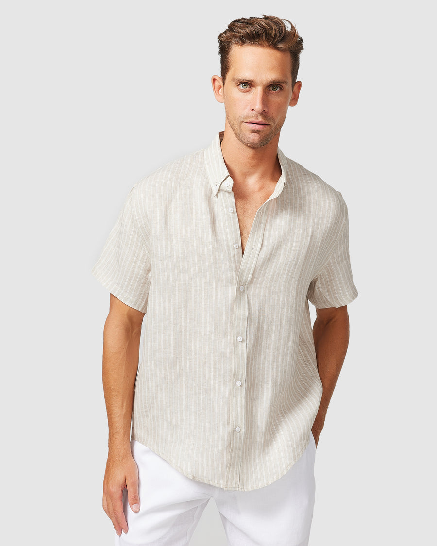 S/S Linen Shirt Brown Stripe